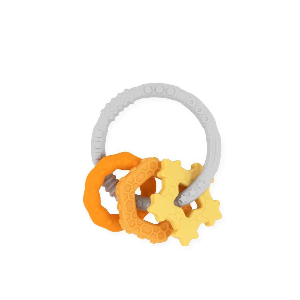 flexible grey teething circle with a orange circle tangerine hexagon and yellow star charms with different textures