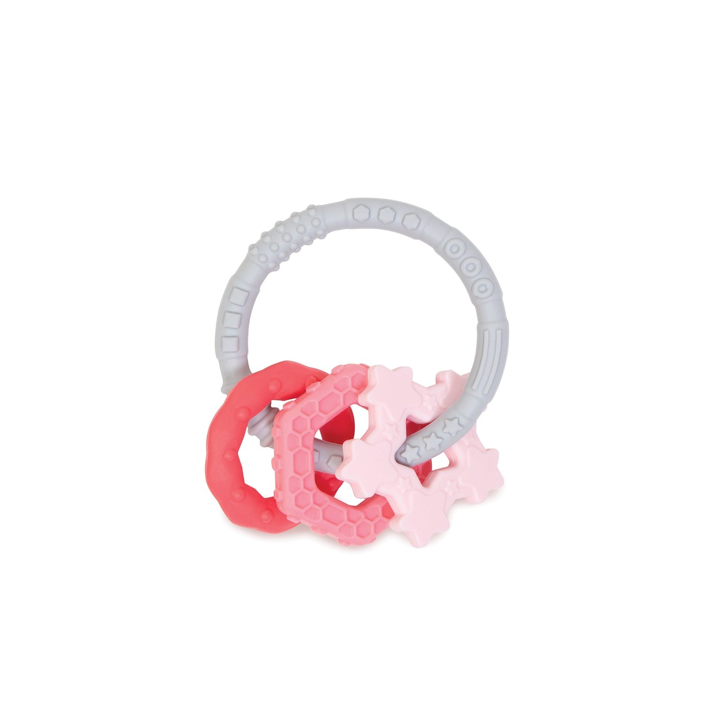 flexible grey teething circle with a dark pink circle mid pink hexagon and light pink star charms with different textures