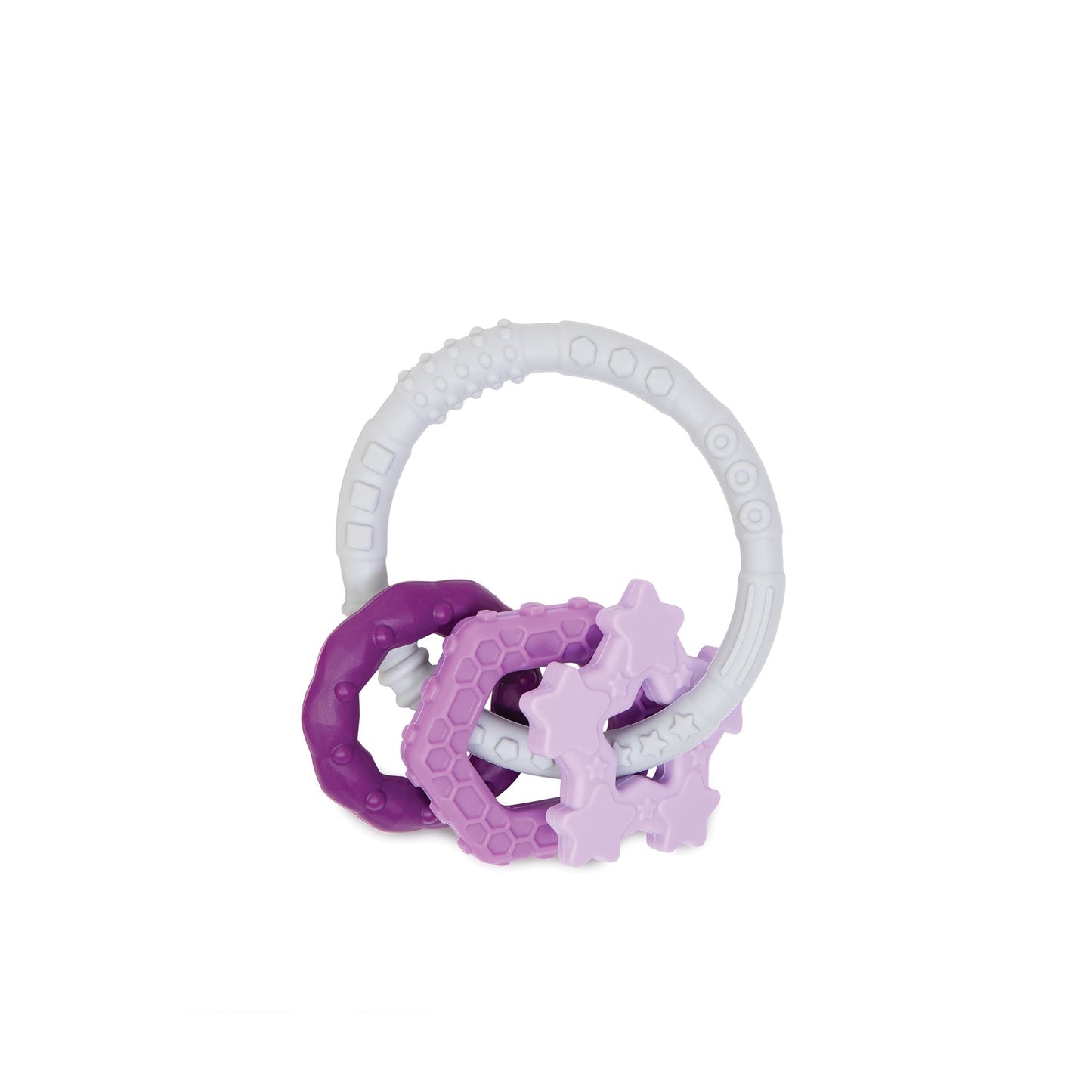 flexible grey teething circle with an amethyst circle mid purple hexagon and lilac star charms with different textures