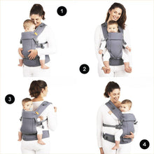 four different ways to wear a beco gemini carrier - front facing in, front facing out, back and hip