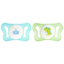 left - blue outer, white circle with blue crown and green stars, right - green outer, white circle with green dinosaur