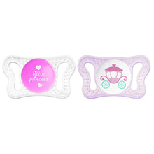 left clear outer with pink circle saying little princess and two small hearts, right pale pink outer with white circle and a pink carriage with green wheels