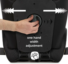 back of booster seat with a hand an arm. hand is adjusting the car seat to increase the width with one simple movement. 