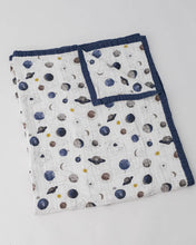 150cm x 180cm double sided white blanket with navy blue edging and planet prints