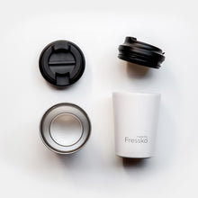 Made by Fressko Reusable Stainless Steel Cup Bino Camino views of the cup from top and side in snow