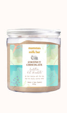 packaging for mammas milk bar coconut chocolate, a clear container with a silver screw lid and large label