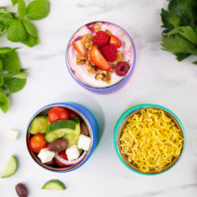 showing food options, one with noodles, one with cherry tomatoes, grapes, cucumber, feta and red onion, one with berry yoghurt topped with fresh strawberries, raspberries and muesli 