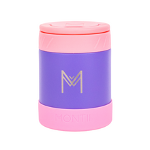 bold bright purple centre with silver M logo, lid and bumper bold pale pink