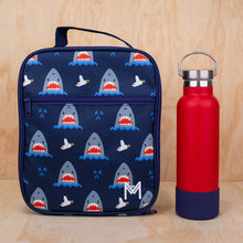 shark insulated lunch bag and red drink bottle with dark navy elderberry bumper