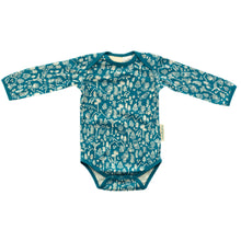 dark teal with white birds, ferns, trees, mountains all over