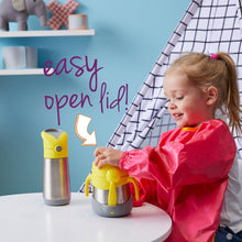 Girl opening her b.box lemon sherbet insulated food jar with a matching b.box drink bottle