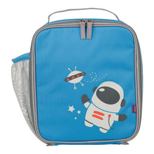 bright blue square lunch bag with a white space suit, stars and ufo in the bottom right corner, a grey double zip for opening and a mesh pocket on the side for a drink bottle