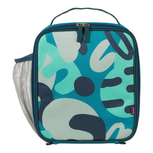 square lunch bag with a teal background and grey, aqua and navy pattern, a dark teal double zip for opening and a mesh pocket on the side for a drink bottle