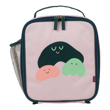 pale pink square lunch bag with a navy, pink and lime jelly monsters smiling in the middle, a navy double zip for opening and a mesh pocket on the side for a drink bottle