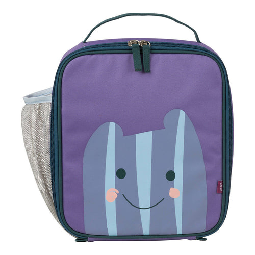 purple square lunch bag with a grey and blue stripe monster with a smile at the bottom, a navy double zip for opening and a mesh pocket on the side for a drink bottle