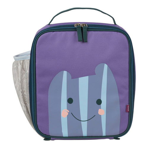 purple square lunch bag with a grey and blue stripe monster with a smile at the bottom, a navy double zip for opening and a mesh pocket on the side for a drink bottle