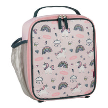 pale pink square lunch bag with unicorns, rainbows, stars, lightening bolts, rain clouds, flowers, crowns and diamonds and the words love and dream over the front, a pink double zip for opening and a mesh pocket on the side for a drink bottle