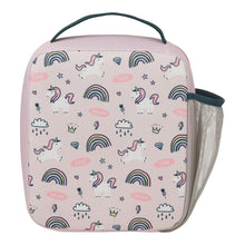 pale pink square lunch bag with unicorns, rainbows, stars, lightening bolts, rain clouds, flowers, crowns and diamonds and the words love and dream over the back, a pink double zip for opening and a mesh pocket on the side for a drink bottle