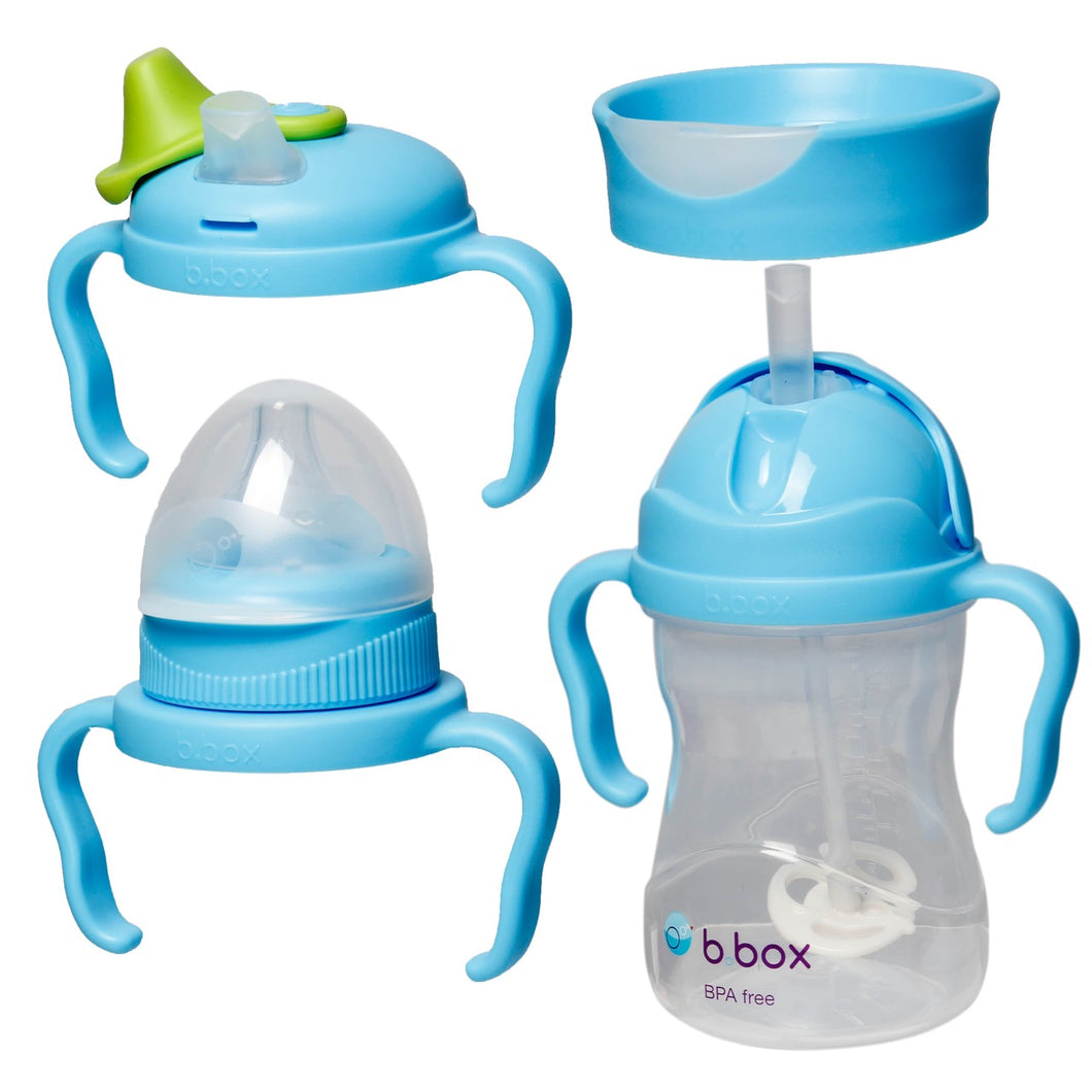 value pack includes sippy cup with weighted straw, spare spout lid with handles, bottle teat with lid and handles, training 360 lid