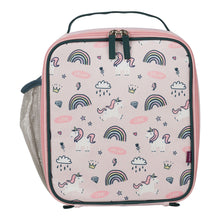 pale pink square lunch bag with unicorns, rainbows, stars, lightening bolts, rain clouds, flowers, crowns and diamonds and the words love and dream over the front, a pink double zip for opening and a mesh pocket on the side for a drink bottle