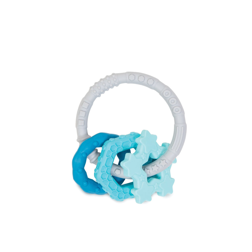 flexible grey teething circle with a blue circle pale blue hexagon and ice blue star charms with different textures